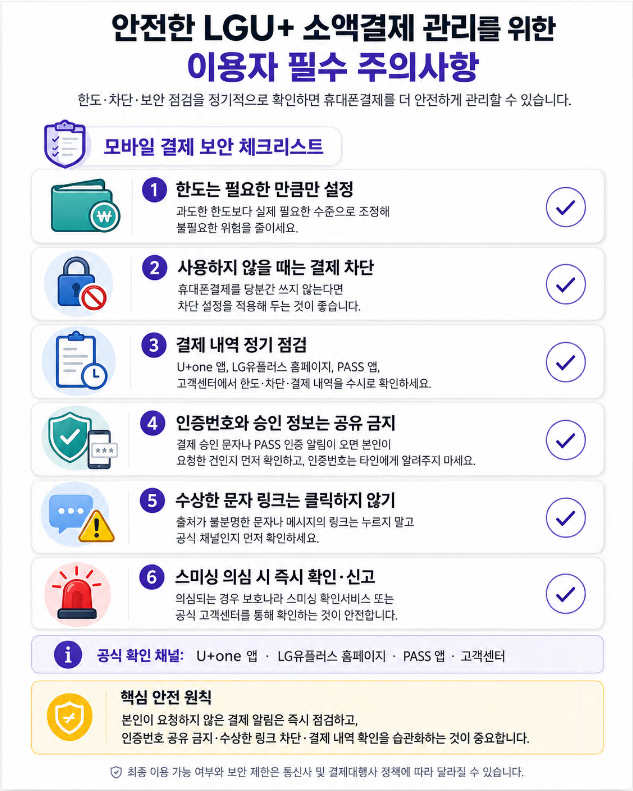 한도 축소, 결제 차단, 결제 내역 확인, 인증번호 보호, 의심 링크 차단, 스미싱 신고를 안내하는 보안 체크리스트