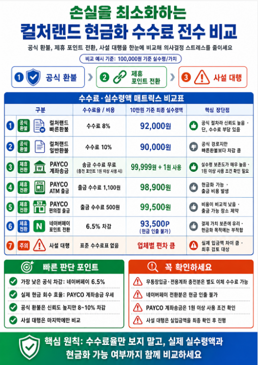컬처랜드 현금화 수수료를 공식 환불, PAYCO, 네이버페이, 사설 대행별로 비교한 매트릭스 표 인포그래픽