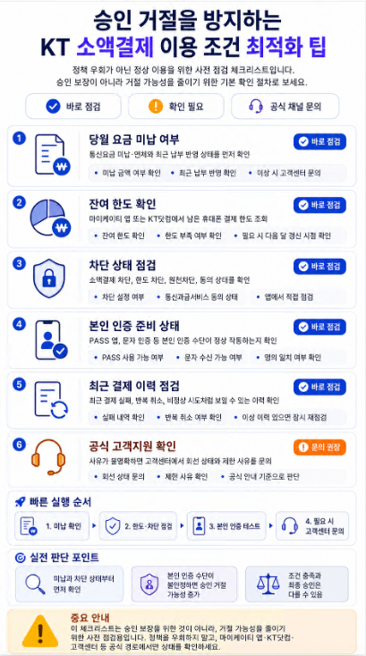 KT 소액결제 승인 거절 가능성을 줄이기 위해 미납, 한도, 차단, 본인 인증, 결제 이력, 고객지원 확인 항목을 정리한 체크리스트