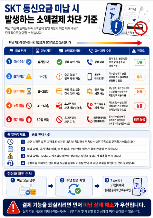 통신요금 미납 기간에 따라 SKT 소액결제 차단 상태와 회선 제재 수위가 높아지는 과정을 비교한 표