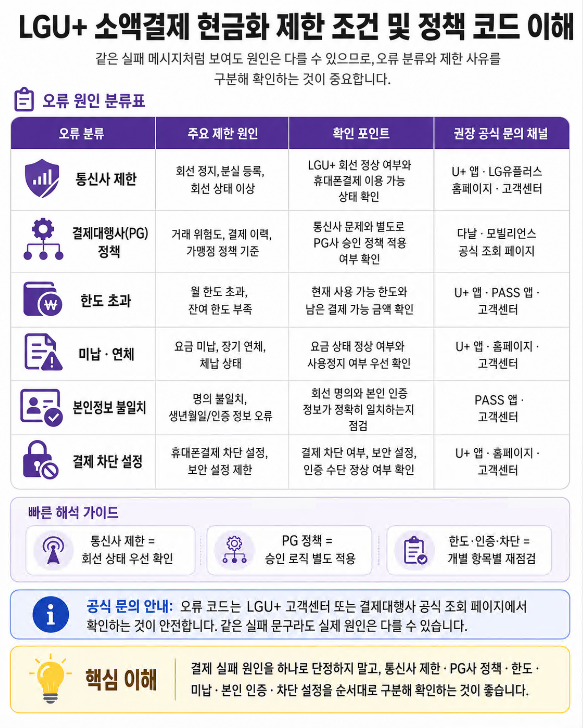 통신사 제한, PG사 정책, 한도 초과, 미납, 본인정보 불일치, 결제 차단 설정을 분류한 오류 원인 표