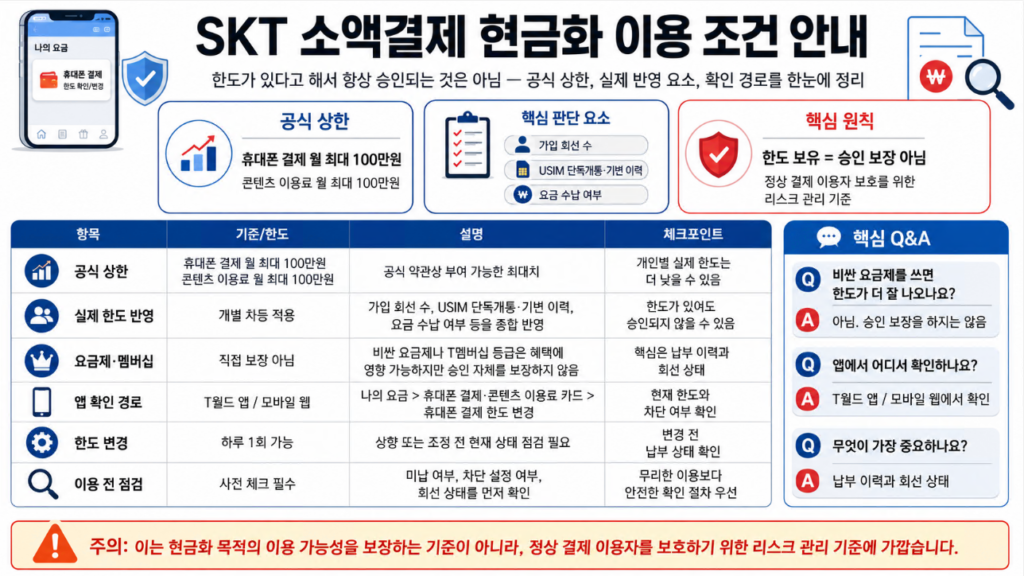 SKT 소액결제 한도, 실제 승인 조건, 앱 확인 경로, 이용 전 점검 항목을 비교한 요약 표 이미지