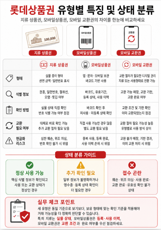 지류 롯데상품권, 모바일상품권, 모바일 교환권의 형태와 식별 정보, 확인 방법, 리스크를 비교한 분류표 이미지