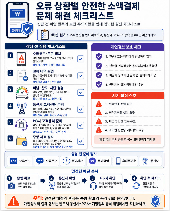 소액결제 오류 상담 전 확인 항목과 개인정보 보호 주의사항을 정리한 안전 체크리스트