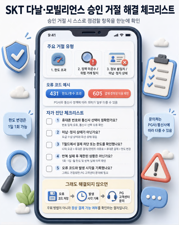 SKT 다날·모빌리언스 승인 거절 원인과 오류 코드, 자가 진단 항목을 정리한 모바일 체크리스트 이미지