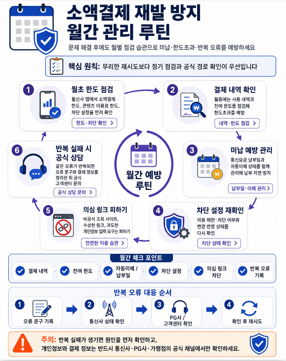 소액결제 문제 재발 방지를 위한 월초 한도 점검, 결제 내역 확인, 미납 예방 루틴 다이어그램