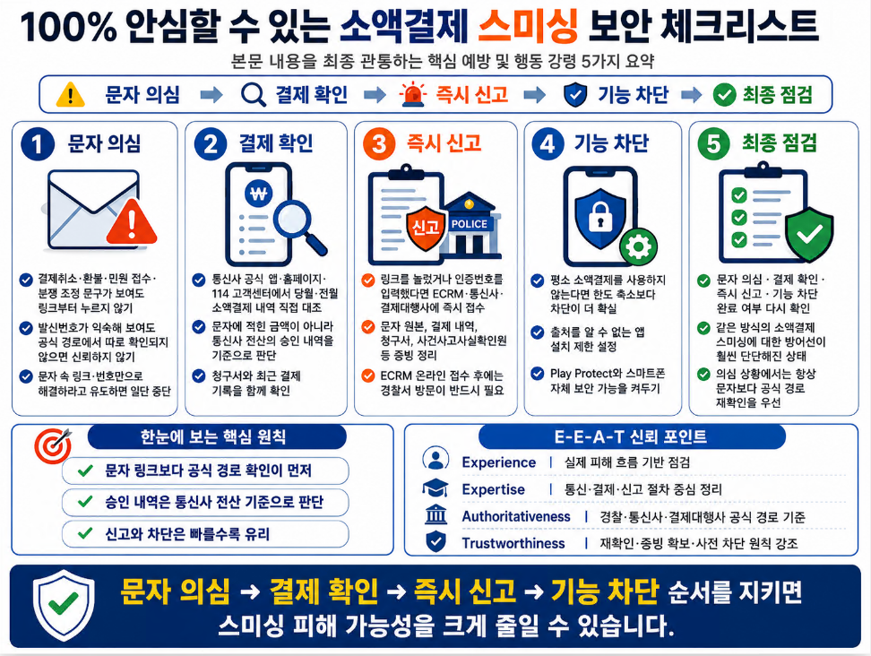 소액결제 스미싱 예방을 위한 문자 의심, 결제 확인, 즉시 신고, 기능 차단, 최종 점검 체크리스트 이미지