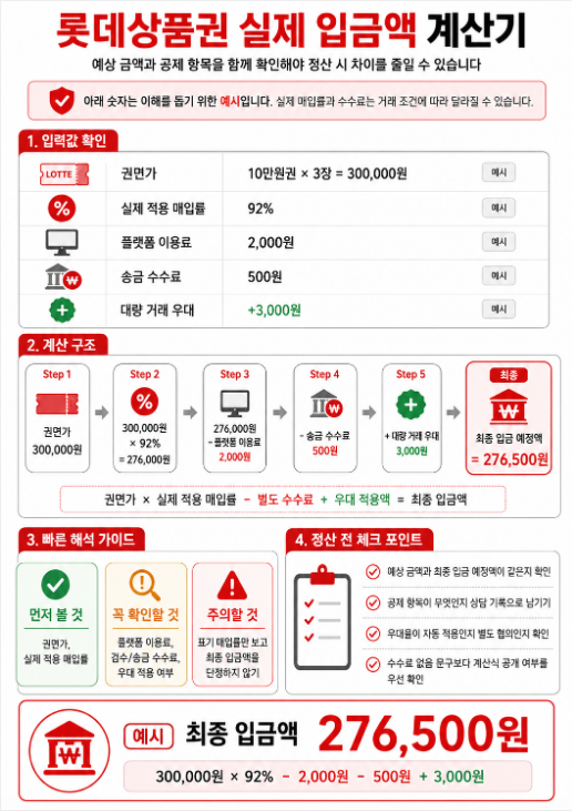 롯데상품권 권면가, 매입률, 플랫폼 이용료, 송금 수수료, 대량 거래 우대를 반영해 최종 입금액을 계산하는 예시 이미지