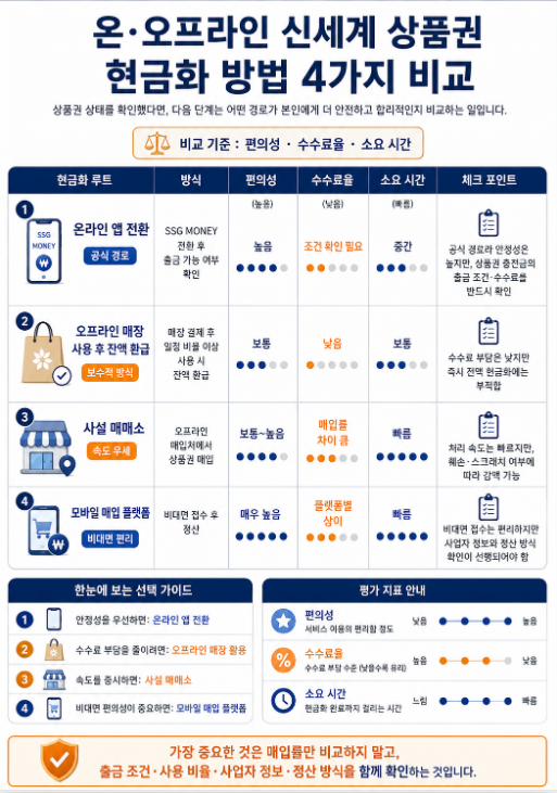 온라인 앱 전환, 오프라인 매장, 사설 매매소, 모바일 매입 플랫폼의 신세계 상품권 현금화 방법을 비교한 표
