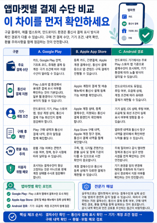 Google Play, Apple App Store, Android 경로별 결제 수단, 통신사 결제 지원, 기기 조건, 환불 주의사항을 비교한 표 이미지
