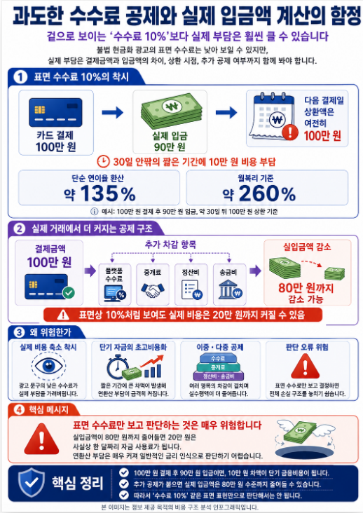 카드 현금화 수수료 10% 광고와 실제 입금액 차이를 비교한 인포그래픽