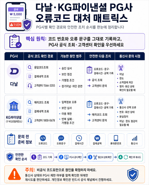 다날과 KG파이낸셜 PG사 오류코드 확인 경로와 안전한 조치 방법을 비교한 매트릭스