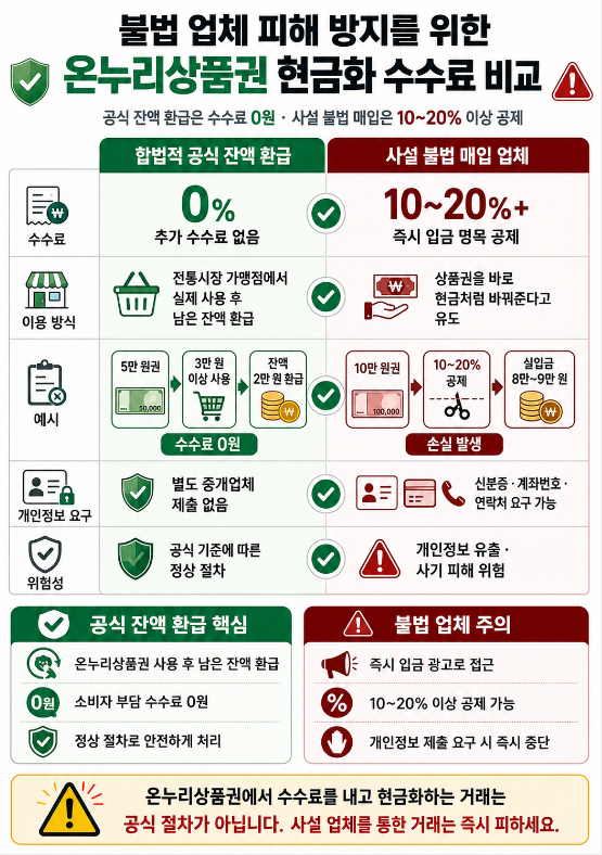 공식 잔액 환급 수수료 0%와 불법 매입 업체 수수료 10~20%를 비교한 인포그래픽