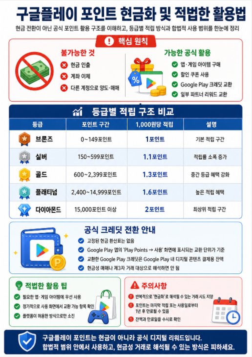 구글플레이 포인트 등급별 적립 구조와 공식 사용 가능 범위를 정리한 비교표 인포그래픽