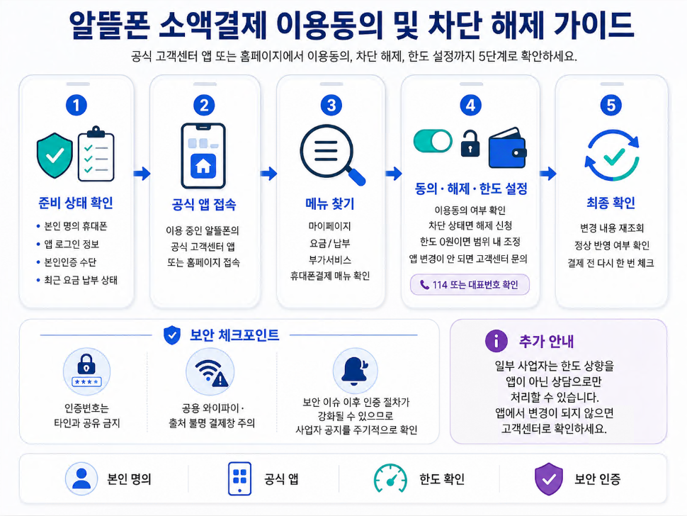 알뜰폰 소액결제 이용동의, 차단 해제, 한도 설정 절차를 5단계로 설명한 모바일 앱 가이드