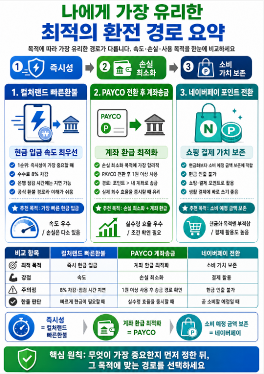 즉시성, 손실 최소화, 소비 가치 보존 목적에 따라 컬처랜드 환전 경로를 비교한 인포그래픽