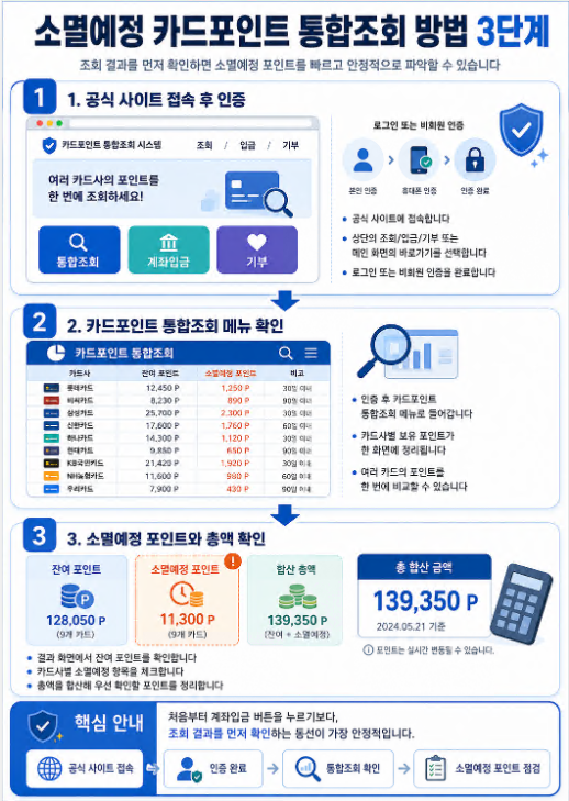 소멸예정 카드포인트를 공식 사이트 접속, 통합조회, 총액 확인 순서로 안내하는 3단계 인포그래픽