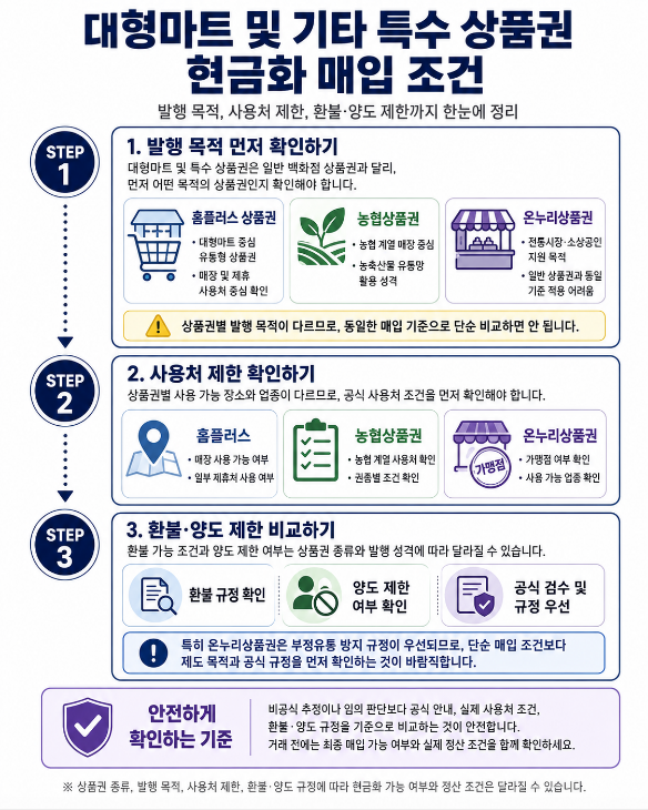 대형마트와 특수 상품권의 발행 목적, 사용처 제한, 환불 양도 조건 비교표